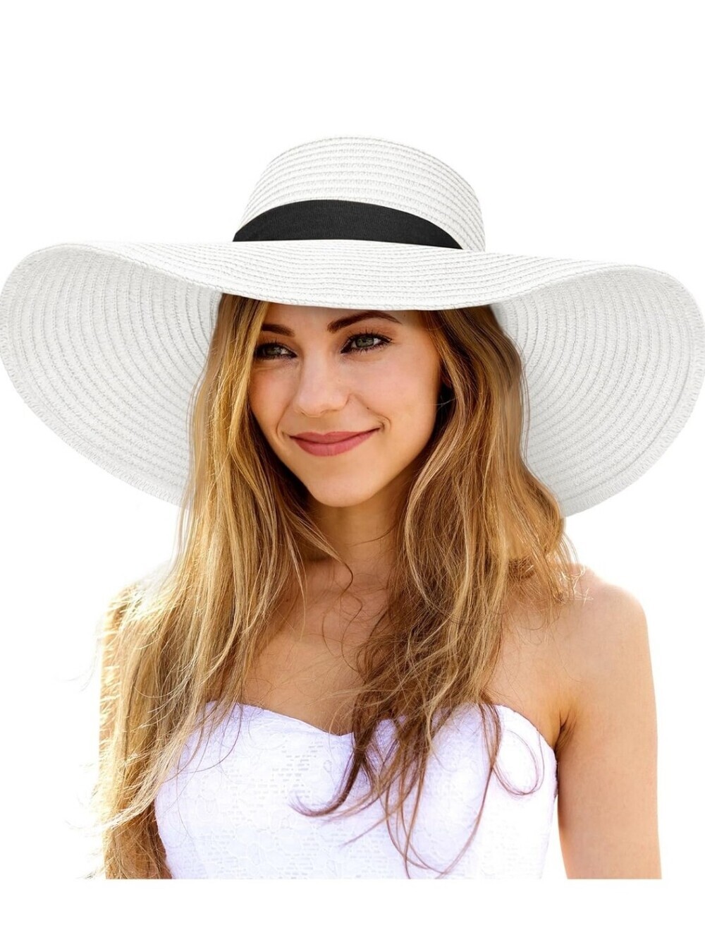 Wide Brim Sun Hat with Black Band - White